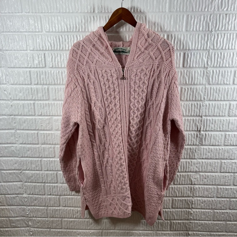 Aran Crafts Pink Cable Knit Zip-Front Cardigan Sweater